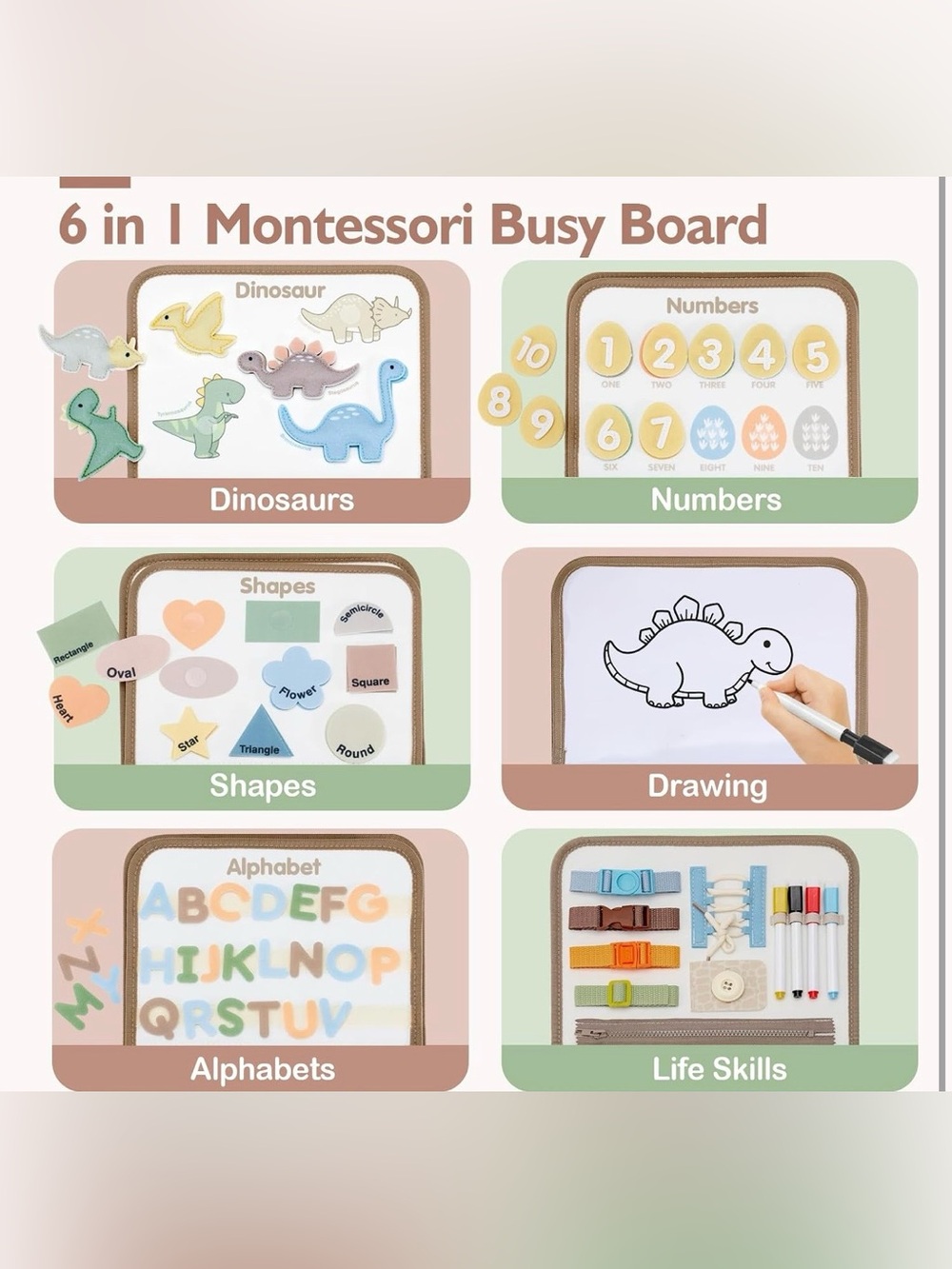 Montessori 6-in-1 Busy Board for Kids - Multicolor